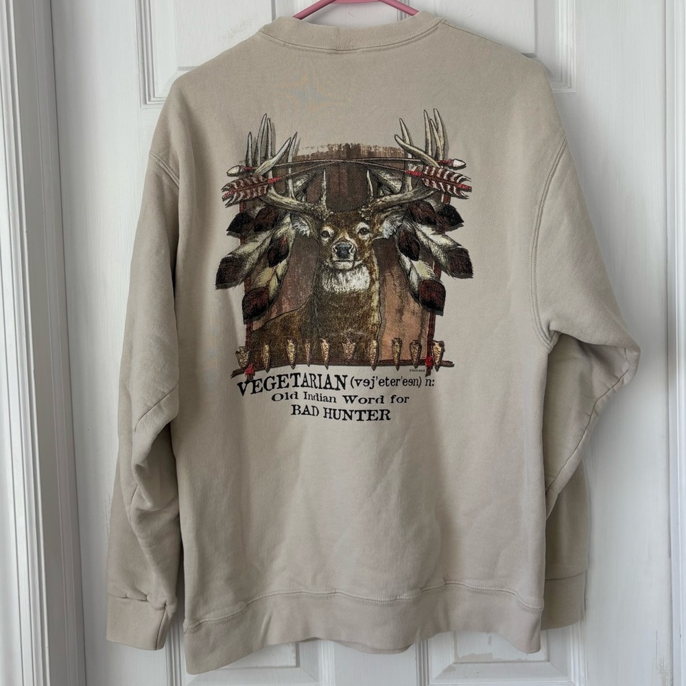 Vintage Buck Wear Hunting Deer Vegetarian Beige/Cream Crewneck Sweatshirt